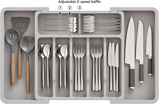 ABHENG 2 Pack Silverware Organizer, Expandable and Adjustable Kitchen Utensil Drawer Organizer, Plastic Cutlery Holder with Multiple Compartments,Cutlery Holder,for Spoons Forks Knives,Grey,UAFD012G