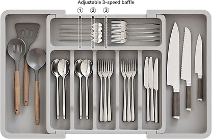 ABHENG 2 Pack Silverware Organizer, Expandable and Adjustable Kitchen Utensil Drawer Organizer, Plastic Cutlery Holder with Multiple Compartments,Cutlery Holder,for Spoons Forks Knives,Grey,UAFD012G