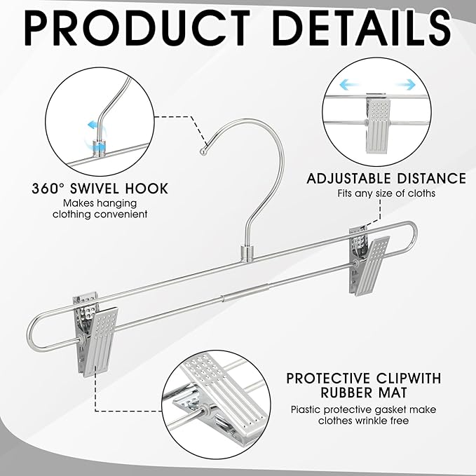 12 Pcs Metal Chrome Pant & Skirt Hanger Set with 360-degree Swivel Hooks, Metal Pant Hangers with 2-Adjustable Clip Anti-Rust Hangers for Skirt, Jeans, Slacks & Trousers