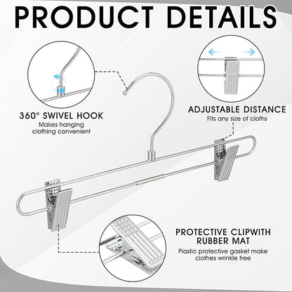 12 Pcs Metal Chrome Pant & Skirt Hanger Set with 360-degree Swivel Hooks, Metal Pant Hangers with 2-Adjustable Clip Anti-Rust Hangers for Skirt, Jeans, Slacks & Trousers