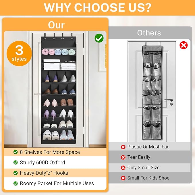 Over The Door Shoe Organizer - Heavy Duty 14-Pocket Hanging Shoe Organizer with Large-Deep Pockets for Boots/Sneakers, Space-Saving Behind Door Storage for Closet, Nursery, RV, Dorm (Black)