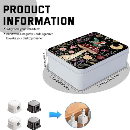 Metal Tin Box with Lid for Game Cards Home Organizer Candles Keys Crafts Storage - Equipped with 4 Magnetic Cord Clips，Mushroom Fairy and Moon
