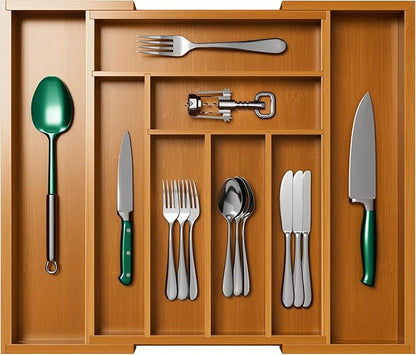 Pipishell Bamboo Expandable Drawer Organizer for Utensils Holder, Adjustable Silverware Organizer Cutlery Tray, Drawer Dividers for Utensils, Flatware, Knives in Kitchen, Bedroom, Living Room Brown