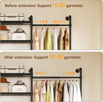 ONBRILL H2 Wall Mounted Clothing Rack, Expandable Industrial Pipe Clothes Rack Garment Racks for Hanging Clothes, Heavy Duty Closet Organizers and Storage in Closet System, Black