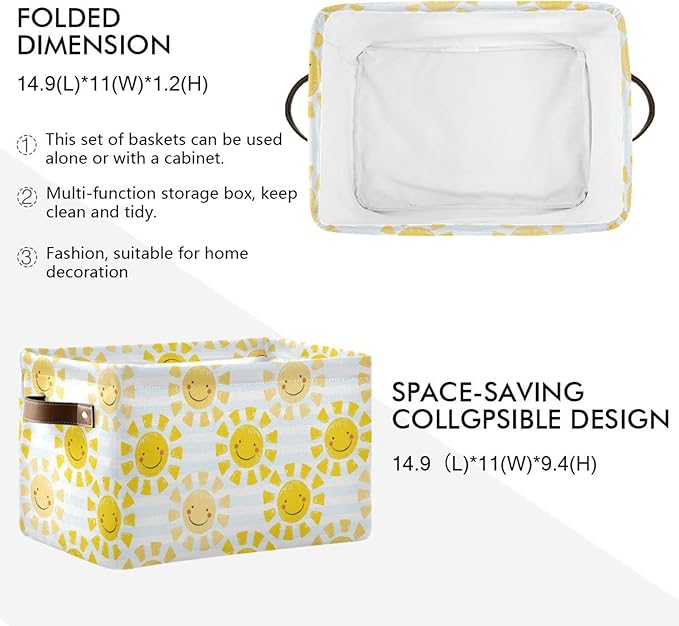 Cute Sunshine Storage Basket Bin, Large Cube Storage Box Canvas Collapsible Storage Organizer for Home Office Closet - 15 L x 11 W x 9.5 H