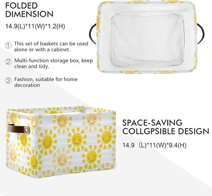 Cute Sunshine Storage Basket Bin, Large Cube Storage Box Canvas Collapsible Storage Organizer for Home Office Closet - 15 L x 11 W x 9.5 H