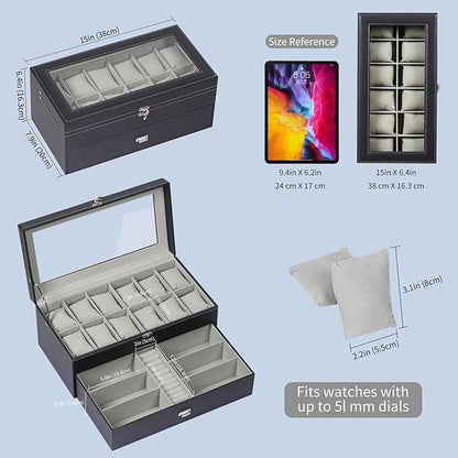 AUTOARK Leather & Velvet 12 Watch Box Jewelry Case and 6 Piece Sunglass Eyeglasses Organizer,2 Layers with 1 Drawer,Lockable,Large Glass Top,Black,MKAW043