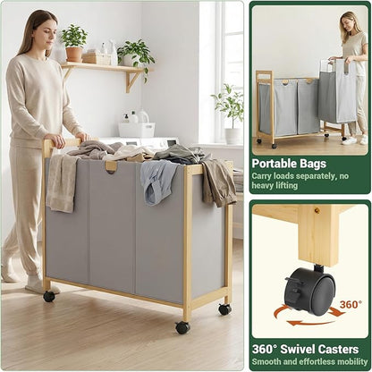 Homykic 250L Laundry Sorter Cart with Wheels, 3-Section Rolling Laundry Basket with Removable Bags, 66 Gal Large Laundry Hamper Organizer, Heavy Duty Bamboo Frame, Water-Resistant, Grey