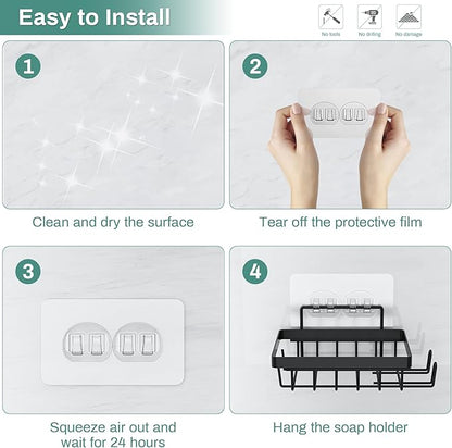 Adhesive Soap Bar Holder for Shower Wall with Soap Saver, Self Draining Soap Dish Container Caddy with 2 Hooks for Razor Loofah, Shampoo Sponge Tray Case Box for Bathroom Sink, Black