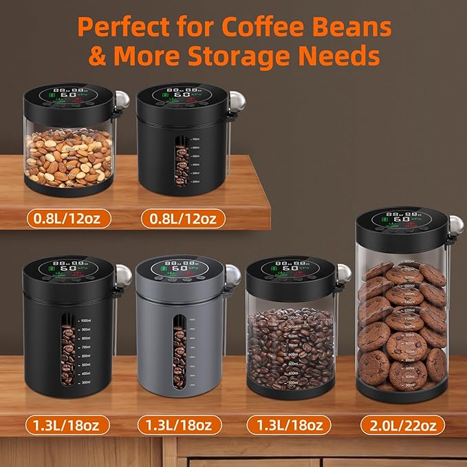 Automatic Vacuum Coffee Canister, 1.3L Airtight Food Storage Containers with Smart Pressure Sensor, Electric Coffee Bean Container Rechargeable with LED Display Window for Home Kitchen Food Storage