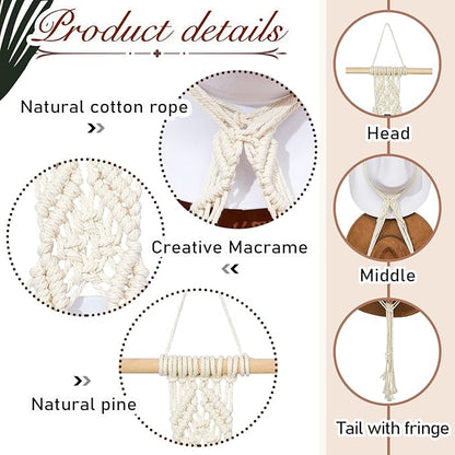 Yulejo Macrame Hat Hangers Racks Boho Cowboy Hats Holders Western Display Organizer Storage decor Back of Door for Wall(White,Four Hats Style)
