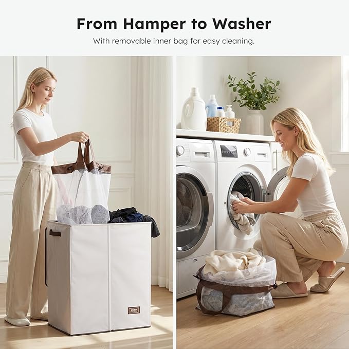 SOLEDI Luxury Double Laundry Hamper with Lid and Removable Bags, Large Hamper for Laundry, Laundry Basket 2 Sections, Collapsible Ditry Clothes Hamper for Bedroom, Laundry Room, Bathroom, Off-white