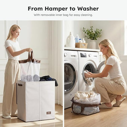 SOLEDI Luxury Double Laundry Hamper with Lid and Removable Bags, Large Hamper for Laundry, Laundry Basket 2 Sections, Collapsible Ditry Clothes Hamper for Bedroom, Laundry Room, Bathroom, Off-white