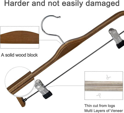 TOPIA HANGER Wooden Pants Hangers,Slim Natural Wood Skirt Hangers with Anti-Rust Hook and Adjustable Metal Clips, Perfect for Skirts,Pants,Slacks-10 Pack-CT17A