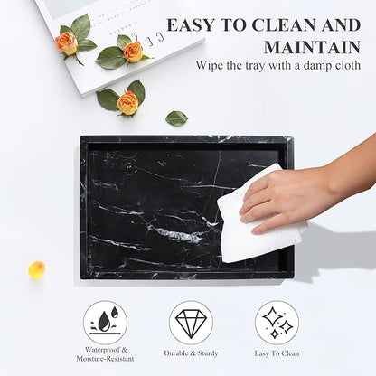 YMXYJM Real Natural Marble Tray for Bathroom, Genuine Marble Stone Vanity Tray, Luxury Storage Trays for Kitchen, Vanity, Home Decor, Dresser, Non-Resin/Non-Ceramic, 12"x 8"x 1.2", Black