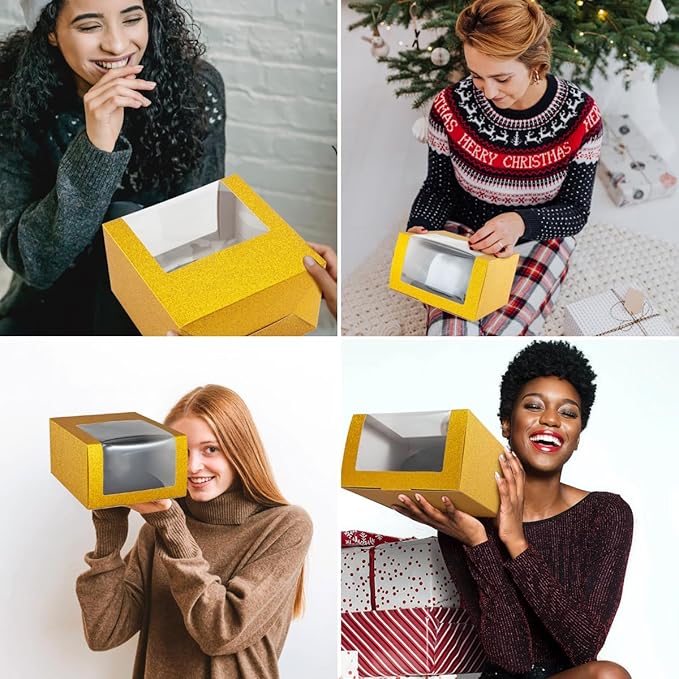 LADYBRO 10 Pack 7.8" x 7.8" x 4.8" Black Gift Boxes with Window Display for Hat Storage Containter for Baseball Caps (Fitted, Snapbacks, Trucker) (Glitter Gold, 7.8" x 7.8" x 4.8")