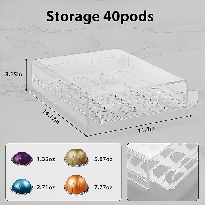 Clear Coffee Pod Organizer for Nespresso Vertuo, Double Sided Pull Out Holder Stores 40 Capsules, Acrylic Coffee Station Storage for Kitchen Countertop