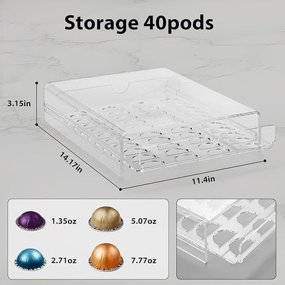 Clear Coffee Pod Organizer for Nespresso Vertuo, Double Sided Pull Out Holder Stores 40 Capsules, Acrylic Coffee Station Storage for Kitchen Countertop
