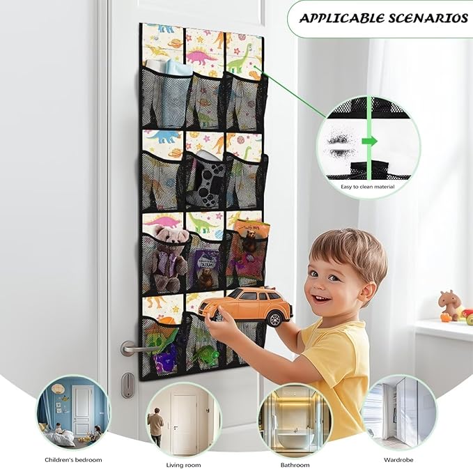 Multi-Functional Over the Door Organizer with 12 Mesh Pockets, Storage Hanging Bag Behind the Door for Shoes Accessories Cleaning Supplies for Home Office Use, Cartoon Dinosaur