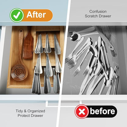 Bamboo Kitchen Drawer Organizer, Expandable Silverware Organizer, Utensil Holder, Cutlery Tray Spoon Flatware Storage with Drawer Dividers