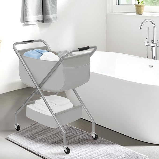 STORAGE MANIAC Collapsible Laundry Cart with Wheels 31.5"H Rolling Laundry Hamper Clothes Basket with Wheels, Canvas Liner Sturdy Steel Frame Folding for Small Narrow Space Easy Storage, Grey