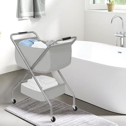 STORAGE MANIAC Collapsible Laundry Cart with Wheels 31.5"H Rolling Laundry Hamper Clothes Basket with Wheels, Canvas Liner Sturdy Steel Frame Folding for Small Narrow Space Easy Storage, Grey