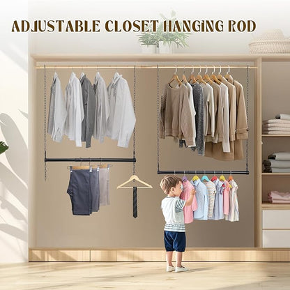 Hanging Closet Rod, 2PC Width and Height Adjustable Closet Rods for Hanging Clothes, 18"-27" Closet Hanging Rod for Space Saving, Double Hanging Closet 0rganizer, Closet Rods Black