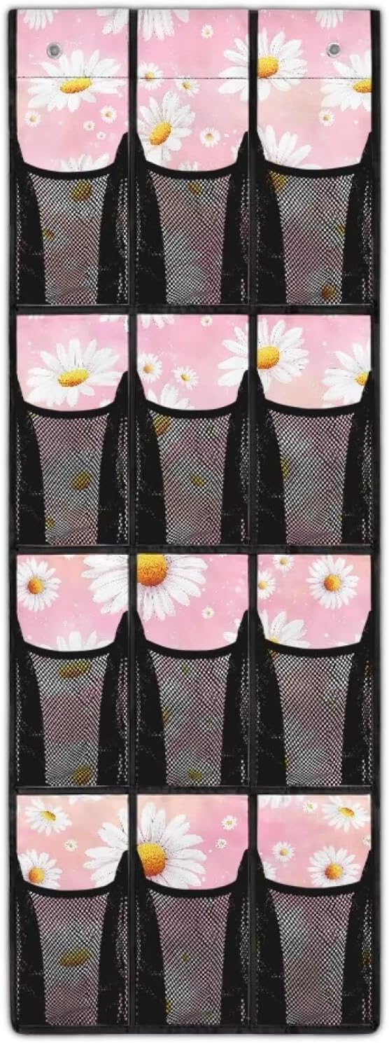 Daisies Over the Door Shoe Organizer,Hanging Storage Bags with 12 Mesh Large Pockets,Hanging Shoe Storage Hanging Bag