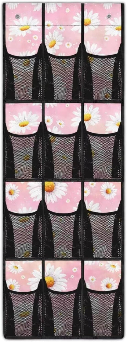 Daisies Over the Door Shoe Organizer,Hanging Storage Bags with 12 Mesh Large Pockets,Hanging Shoe Storage Hanging Bag