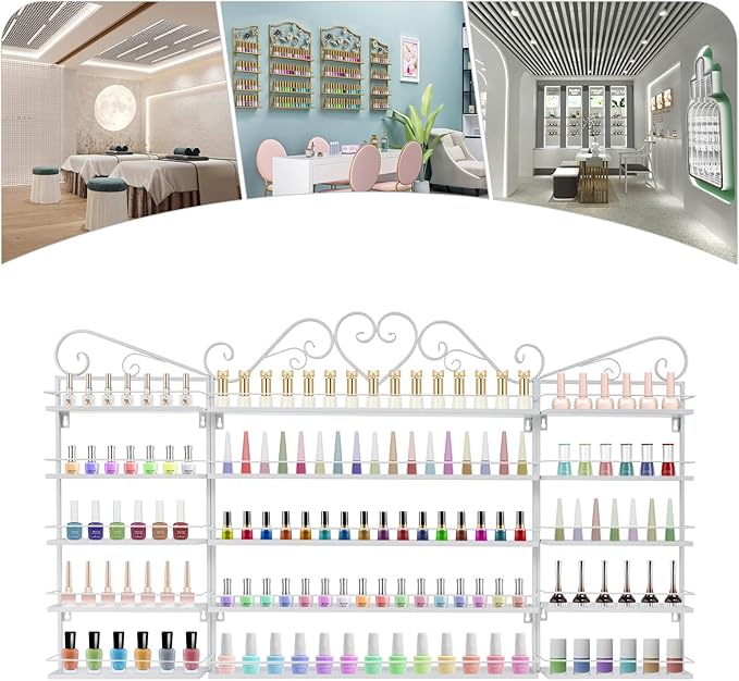 5-Tier Wall-Mounted Nail Polish Storage Racks Set of 3, Metal Cosmetic Display Case with Lipstick Perfume Shelf, Essential Oil Organizer for Home Spa Nail Salon Shop(White)