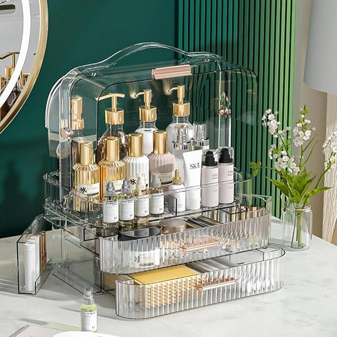 Clear Cosmetics Storage Box Transparent Lid Large Makeup Organizer Box Drawers Portable Handle Waterproof Dustproof Skincare Display Cases for Countertop Bathroom Dresser Gift