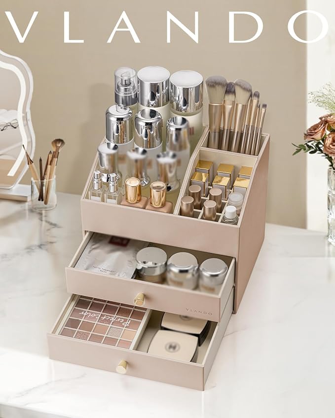 VLANDO Makeup Organizer for Vanity,Large Capacity Countertop Organizer with Drawers, PU Leather Cosmetic Display Case for Lipstick,Brushes,Skincare,Bedroom Storage (Toffee)