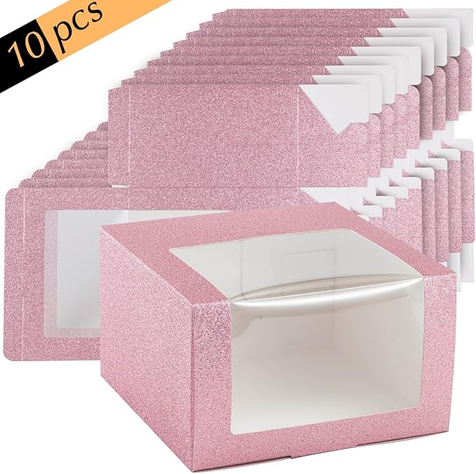 LADYBRO 10 Pack 7.8" x 7.8" x 4.8" Black Gift Boxes with Window Display for Hat Storage Containter for Baseball Caps (Fitted, Snapbacks, Trucker) (Glitter Pink, 7.8" x 7.8" x 4.8")