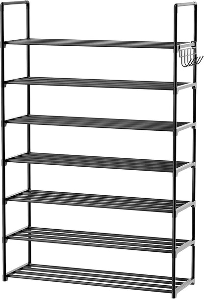 Metal Shoe Organizer,6 Tiers Shoe Storage Shoe Rack with Hooks,Fit 24-30 Pairs,Adjustable Shoe Shelf for Entryway,Hallway,Bedroom,Metal Bottom Support