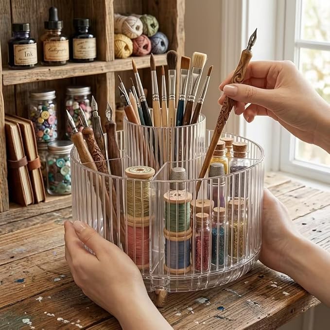 360 Degree Rotating Desktop Organizer,Makeup Brushes,Pencils,Desktop Stationery Storage Rotating Rack,Premium Plastic Organizer For Office,School And Home (Transparent color)