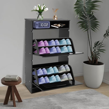 Free Standing Shoe Rack for Entryway, Hidden Narrow Shoe Storage Cabinet w/2 Flip Drawers, Shoe Organizer Cabinet for Bedroom Hallway Home Apartment (Black)