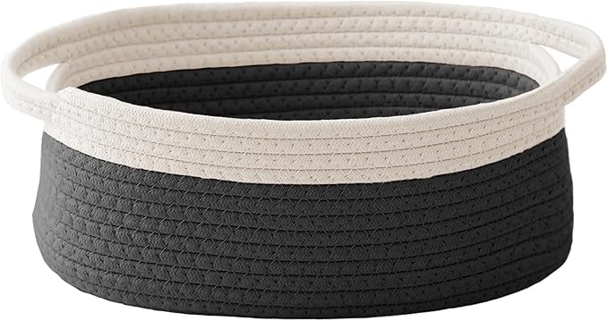 JMvicyroam Woven Basket,Small Rope Storage Bin with Handles & Ribbon Bag, Organizer for Shelves Closets,Gift Basket Empty for Birthday,Books,Dog Toys, White&Black