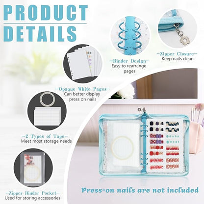 DHATMYC Press On Nail Storage Organizer Binder with 8 Insert Pages - A5 Size Reusable Fake Nail Swatch Star Collecting Book Polish Color Display Holder Container with Tape and Zipper Pocket (BLUE)
