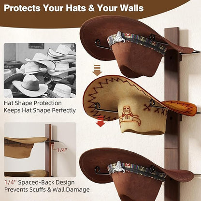 Cowboy Hat Holder, 3-Piece Wall Mount Cowboy Hat Rack for Wall Holds up to 6 Hats – Wooden + Metal Rustic Western DIY Hat Racks for Wall Storage and Home Décor