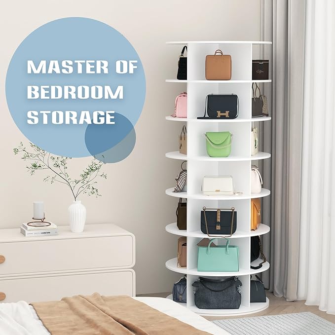 7-Tier Rotating Shoe Rack Tower - 360 Spinning Shoe Organizer, Vertical Lazy Susan, Closet Cabinet Rack for 28 Pairs of Shoes Bags Plants