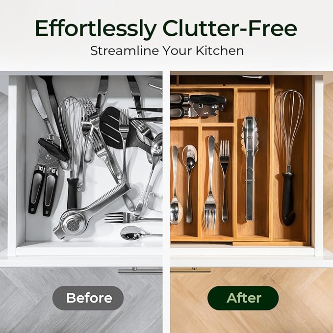 keechee Carbonized Bamboo Kitchen Drawer Organizer, 10 Slots Expandable Silverware Organizer, Utensil Holder & Cutlery Tray, 2.2" Deep for Extra Capacity, Non-Slip Feet Included