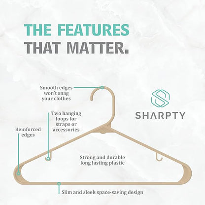 Sharpty Plastic Hangers Clothes Hangers for Clothing, Closet, Coats & Shirts - Durable & Space Saving - for Everyday Standard Use, Room Essentials & Basics - 60 Pack - Beige
