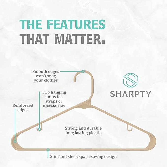 Sharpty Plastic Hangers Clothes Hangers for Clothing, Closet, Coats & Shirts - Durable & Space Saving - for Everyday Standard Use, Room Essentials & Basics - 20 Pack - Beige