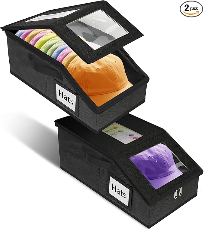 Stackable Hat Storage for Baseball Caps, 2 PCS Hat Storage Boxes for Closet, Holds up to 30 Caps with Cardboard, Hat Organizer for Women & Men(Two Clear Window) (Black)