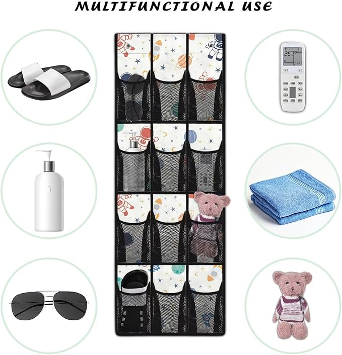 12-Pocket Storage Hanging Bag Behind the Door, Over the Door Organizer for Shoes Toys and Bathroom Essentials, Fabric Door Organizer for Bedroom Closet Dorm, Astronaut Rocket Planet