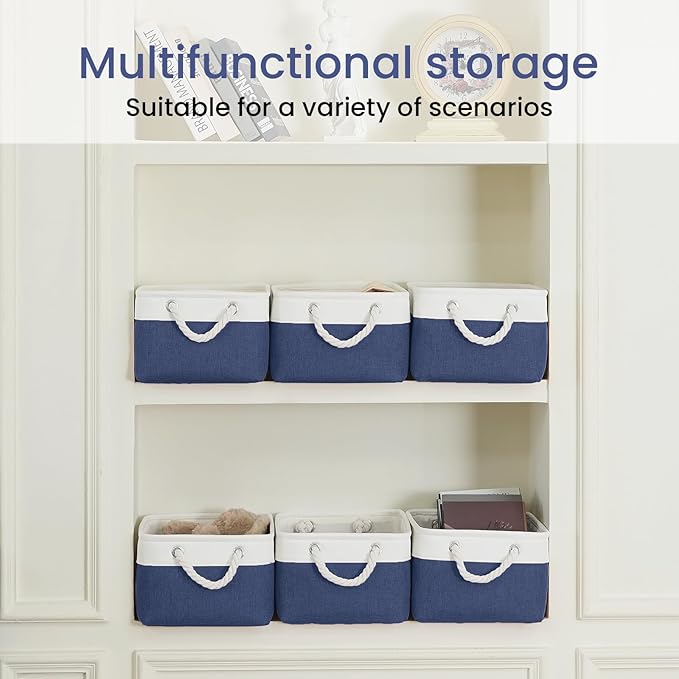 Storage Baskets for Shelves 13.8x9.8x6.7 Inch, Foldable Fabric Storage Bins with Handles, Small Storage Baskets for Organizing Closet, Office, Home Organization (6-Pack, White&Blue)