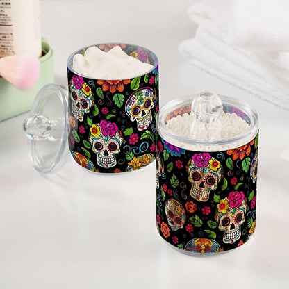 4 Pack Apothecary Jars Bathroom Colorful Dead Skulls Qtip Holder Dispenser Clear Plastic Storage Canister Jar with Lid for Cotton Ball, Cotton Swab
