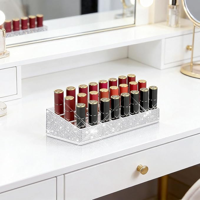 Bling Acrylic Lipstick Lip Gloss Organizer 24 Slots Comestic Display Holder for Nail Polish Essential Oil