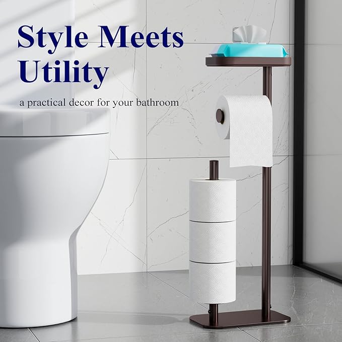 Kitsure Toilet Paper Holder Free Standing – Rustproof Metal Toilet Paper Stand for 4 Rolls with Anti-Slip Base and Shelf for Phone & Small Items, Bathroom Organizers and Storage, Medium, Brown