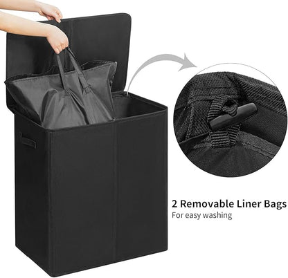 WOWLIVE 140L Double Laundry Hamper with Lid and Removable Laundry Bags, Large Dirty Clothes Hamper 2 section Collapsible Laundry Basket Dorm Room Storage for Bedroom, Bathroom, College,Black
